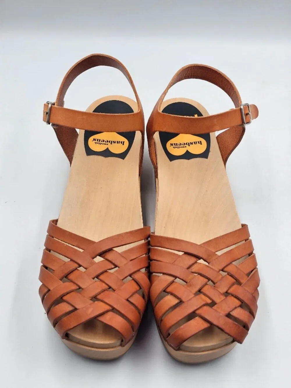 Swedish Hasbeens Womens Braided Tan Leather Sky High Wooden Clogs Sz 9.5 3719 - Picture 6 of 16